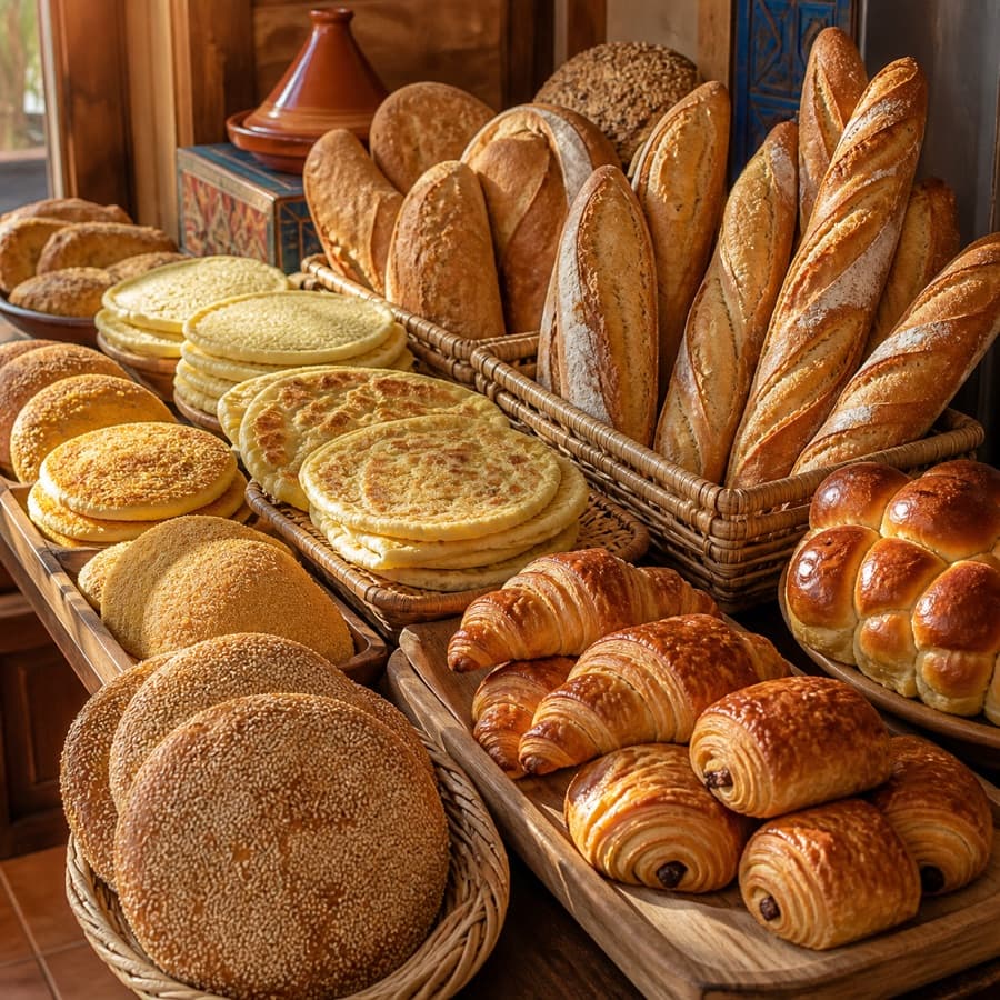 Pains marocains, baguettes et viennoiseries du petit-déjeuner