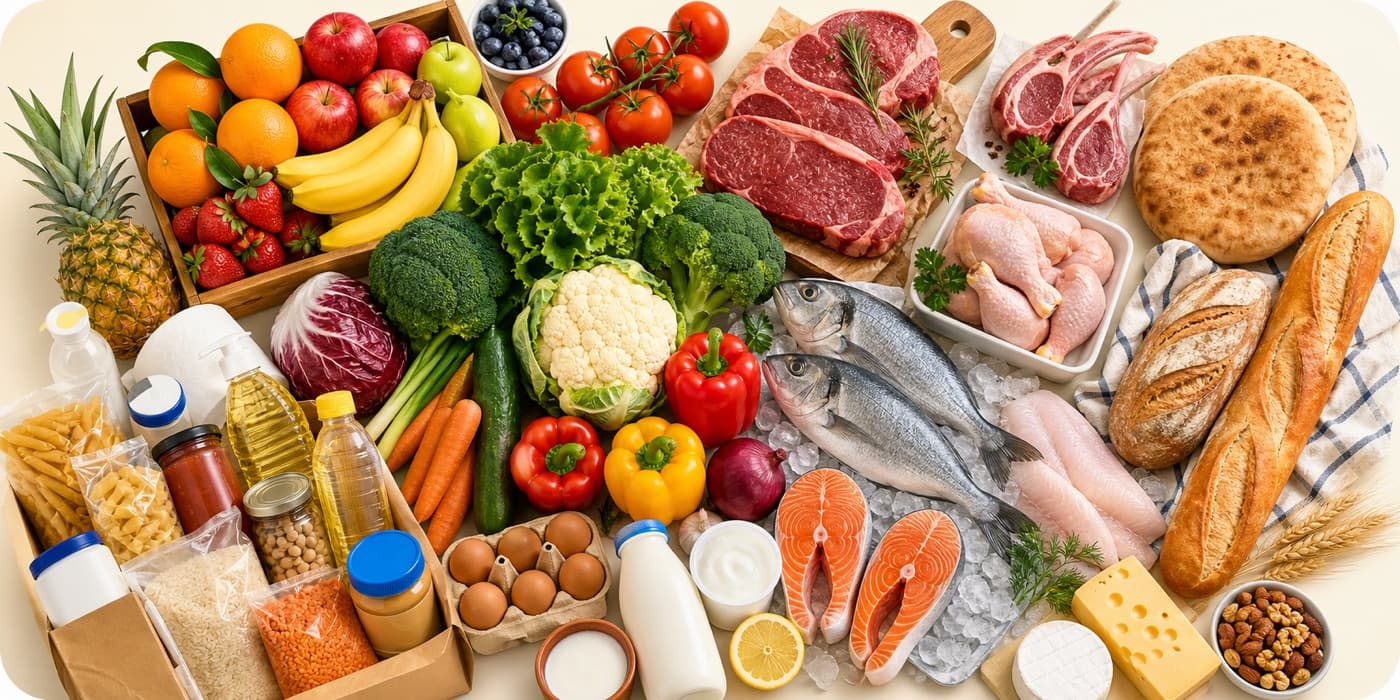 Fruits, légumes, viande, poisson et produits du quotidien